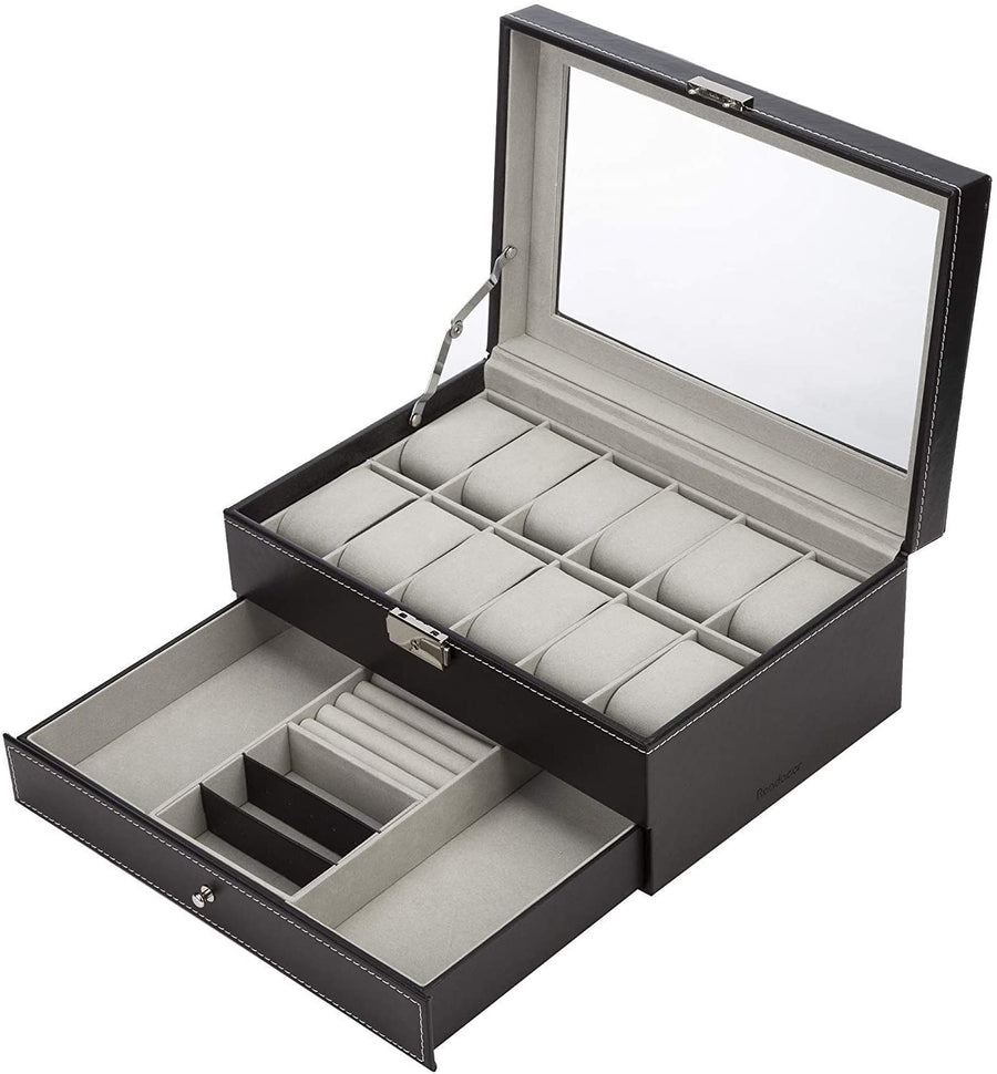 Black Leather Watch Box Jewelry Display Case with Drawers (12 Slots with 2 Layers) - SuperSaverAU - view 1