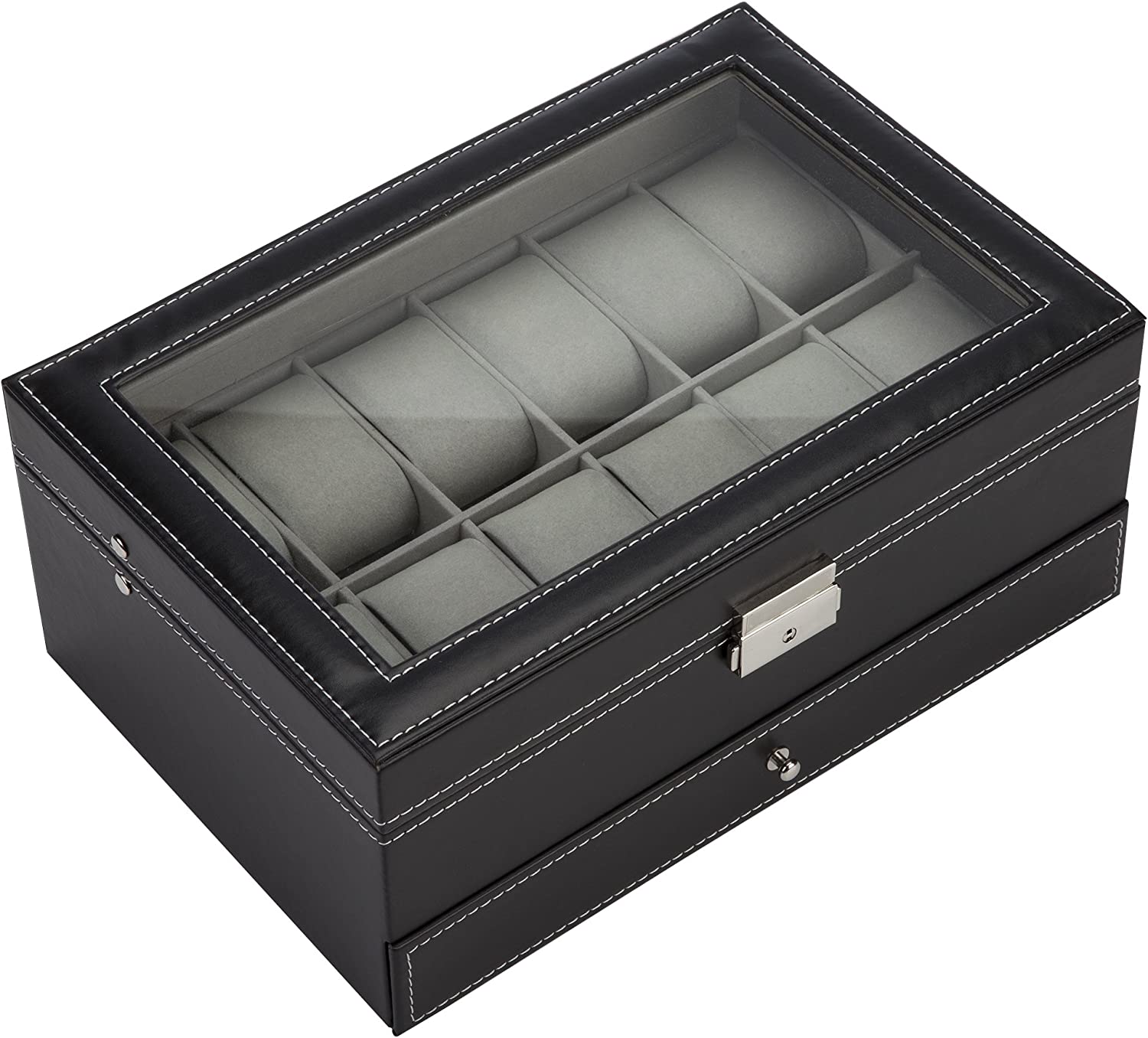 Black Leather Watch Box Jewelry Display Case with Drawers (12 Slots with 2 Layers) - SuperSaverAU - view 2