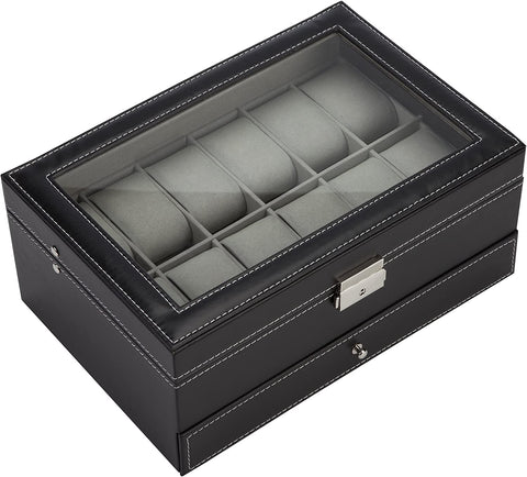 Black Leather Watch Box Jewelry Display Case with Drawers (12 Slots with 2 Layers) - SuperSaverAU - view 2
