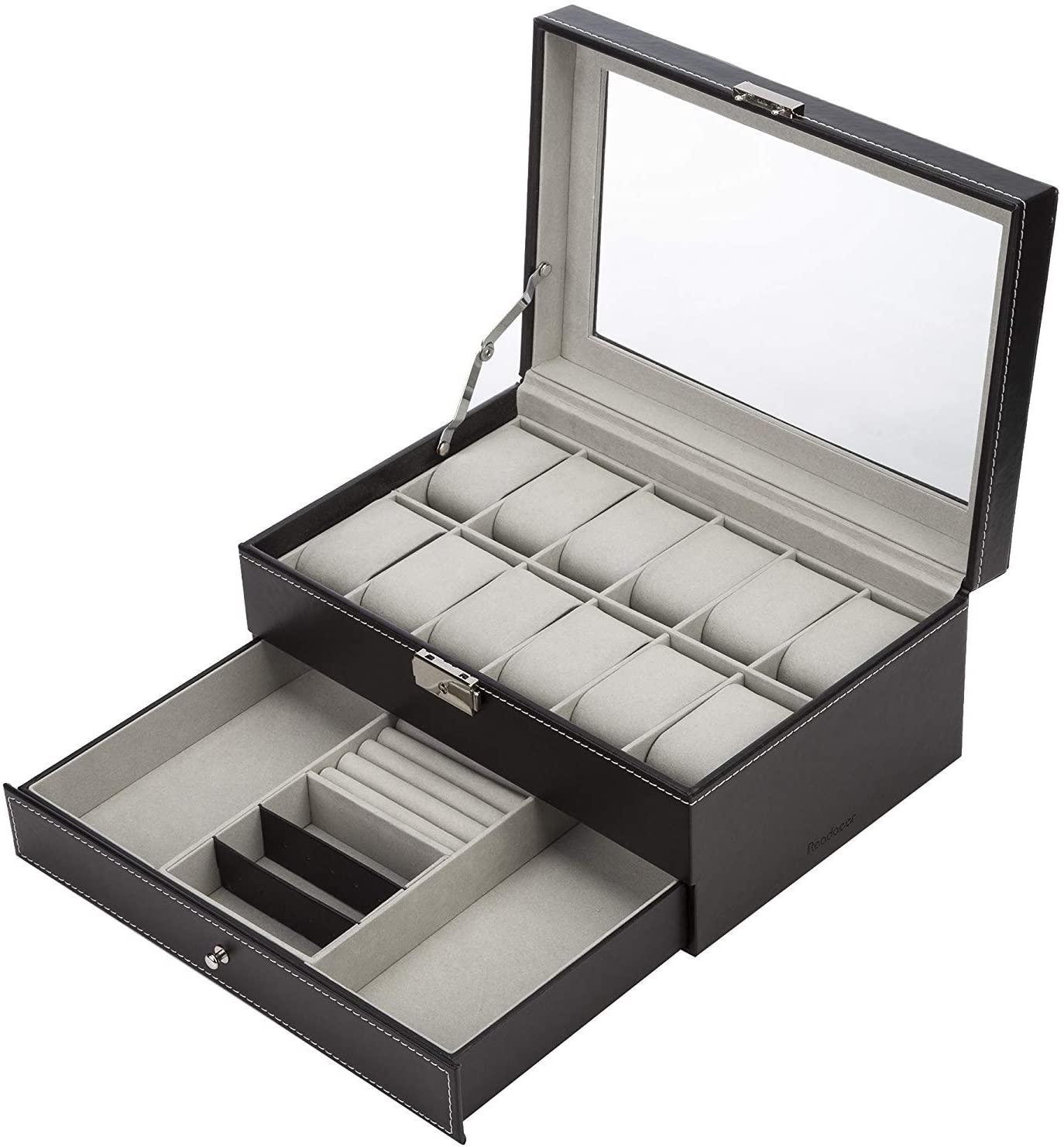 Black Leather Watch Box Jewelry Display Case with Drawers (12 Slots with 2 Layers) - SuperSaverAU - view 5