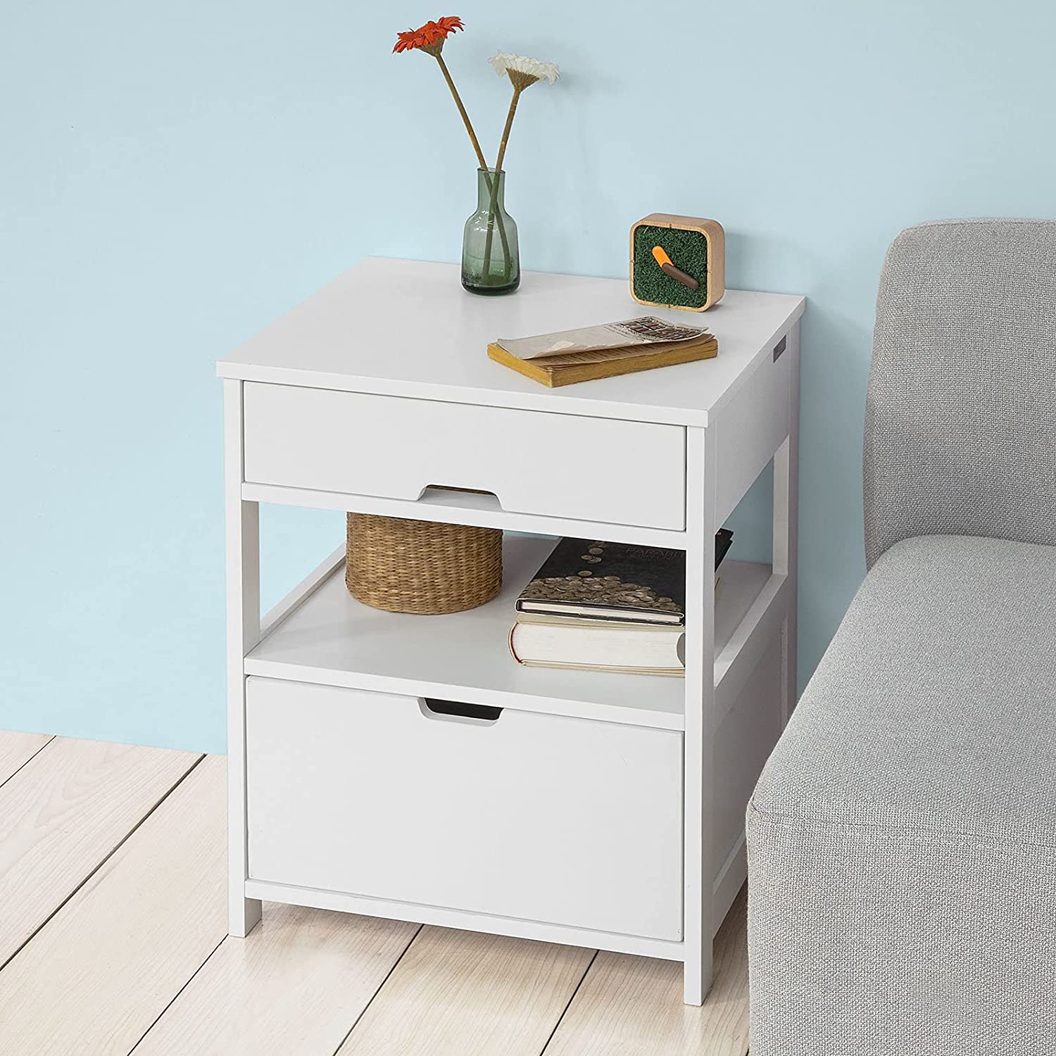 Premium White Bedside Table with 2 Drawers and Shelf 45cm