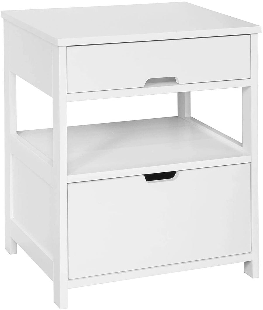 Premium White Bedside Table with 2 Drawers and Shelf 45cm