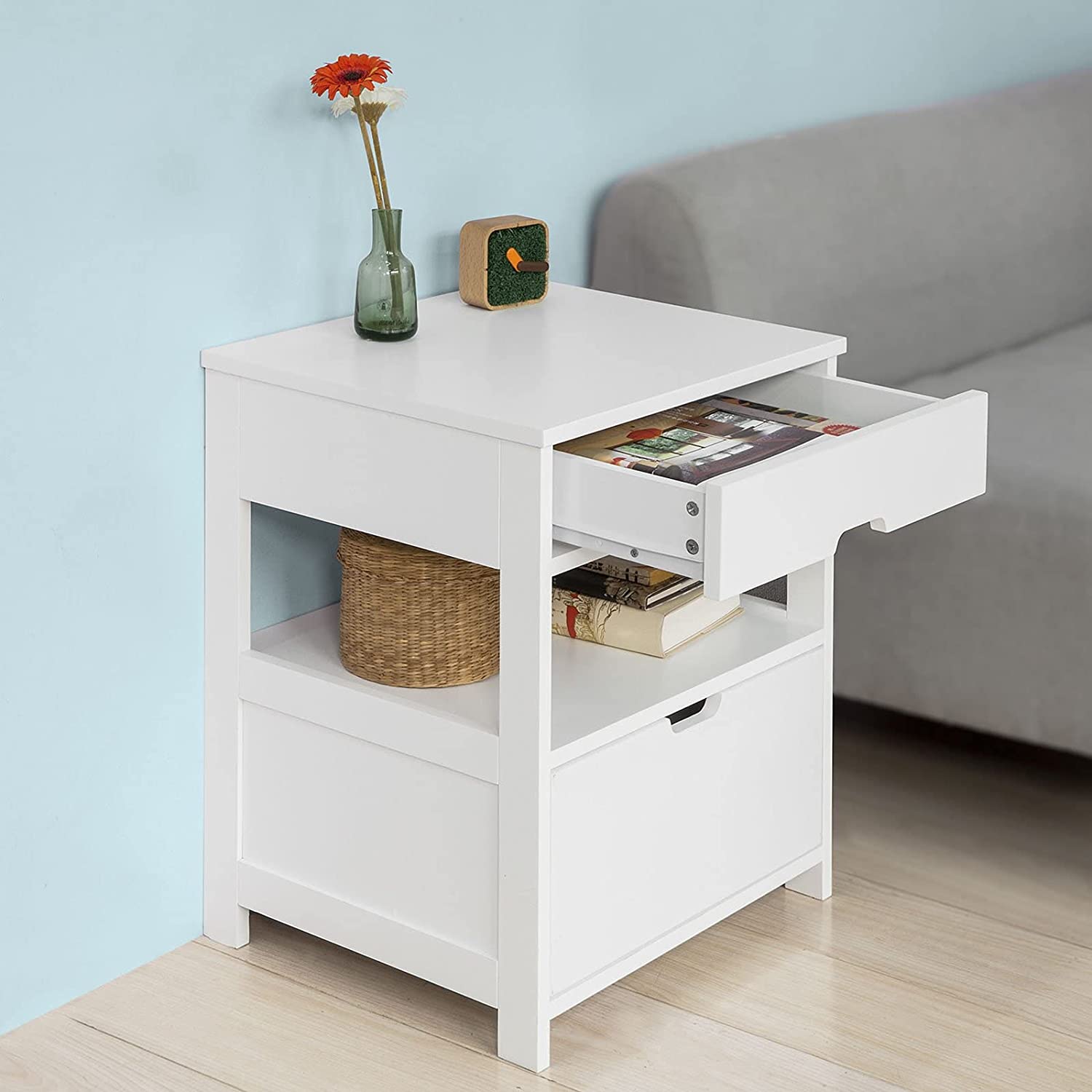 Premium White Bedside Table with 2 Drawers and Shelf 45cm