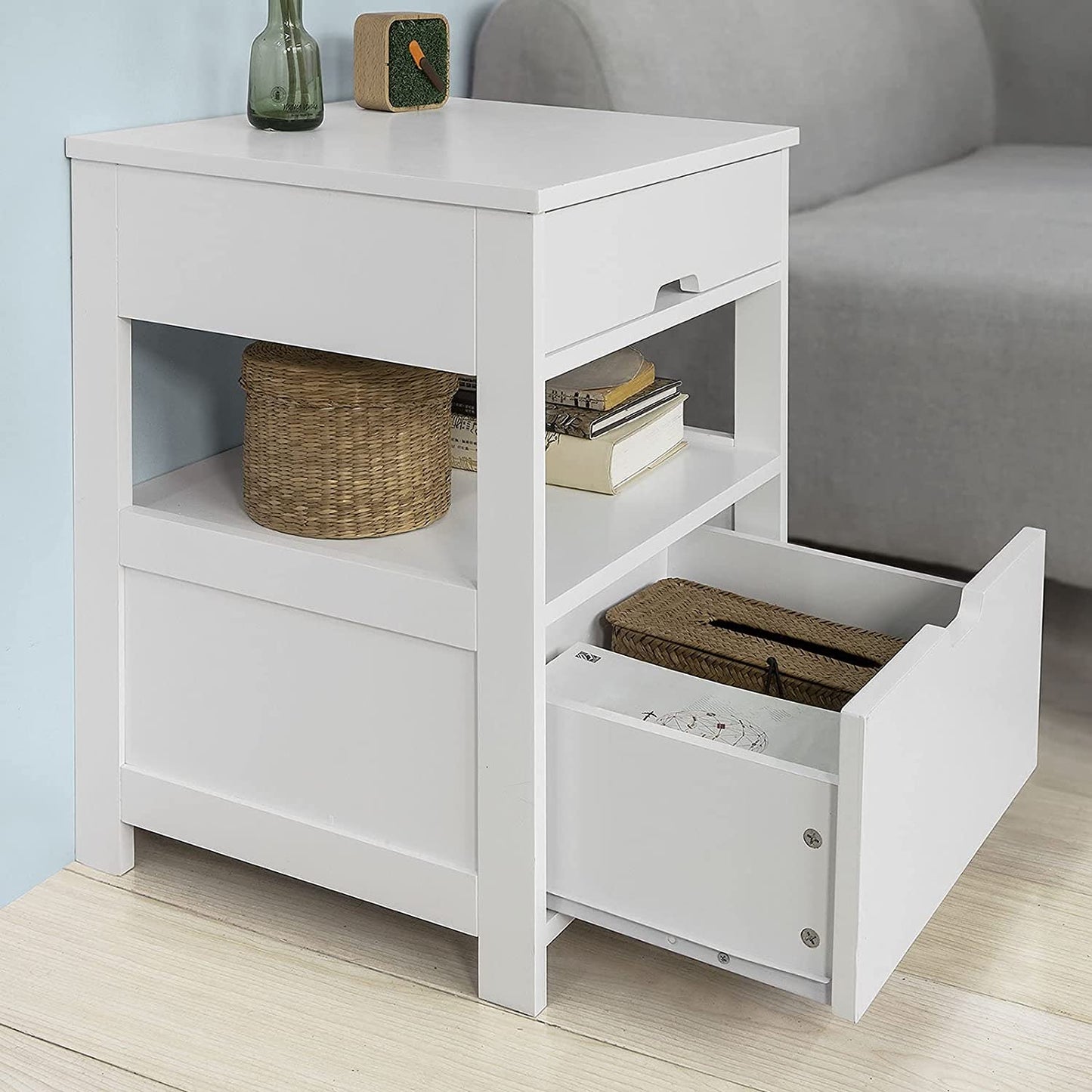 White Bedside Table with 2 Drawers and Shelf
