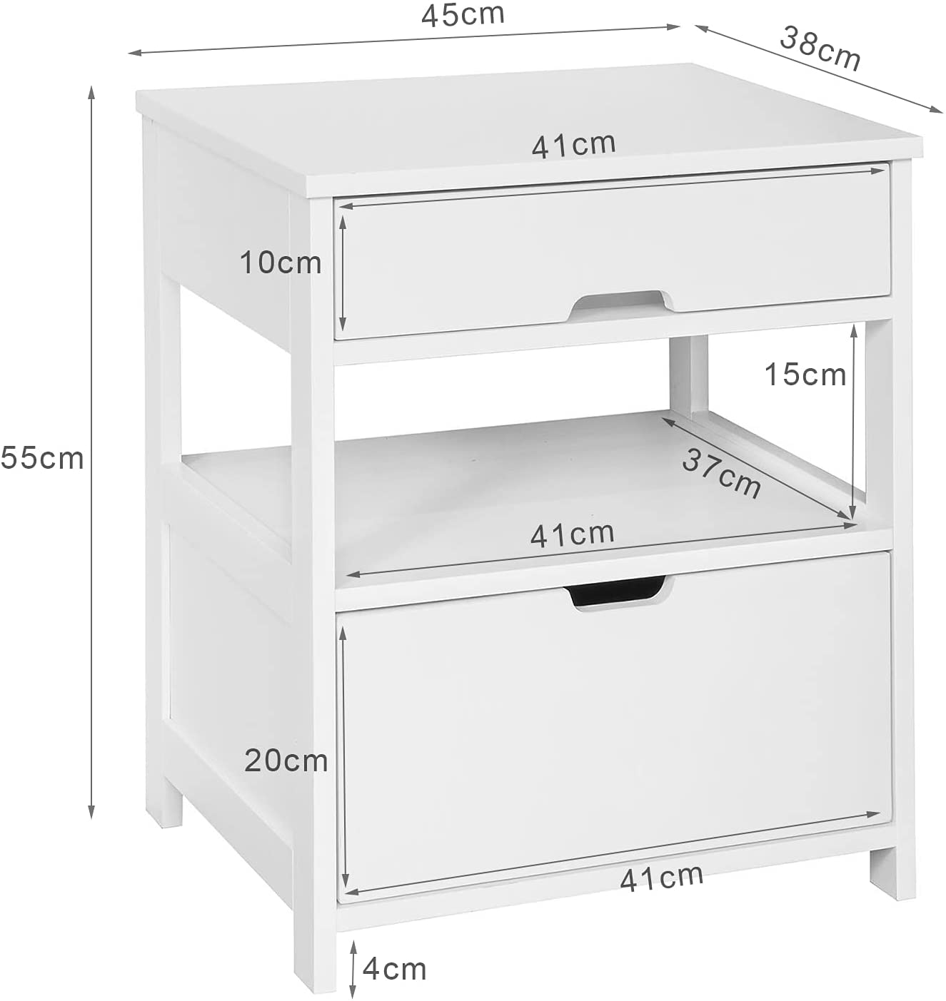 Premium White Bedside Table with 2 Drawers and Shelf 45cm
