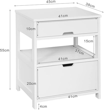 White Bedside Table with 2 Drawers and Shelf