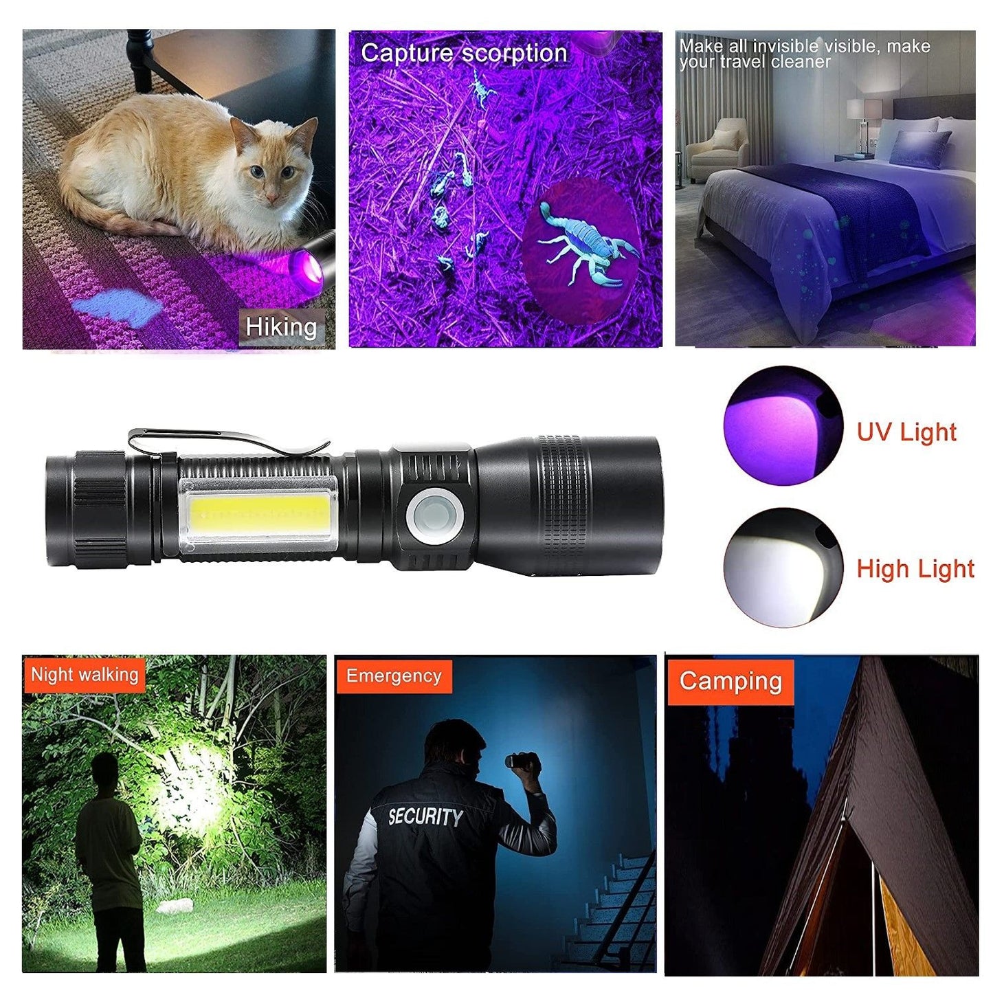 7 Modes Waterproof Rechargeable UV Light Flashlight Torch 15.5x2.5cm for Camping