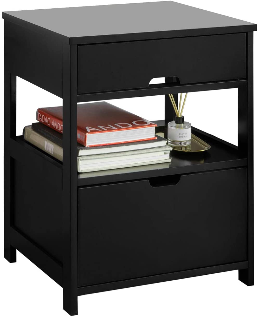 Black Bedside Table with 2 Drawers and Shelf