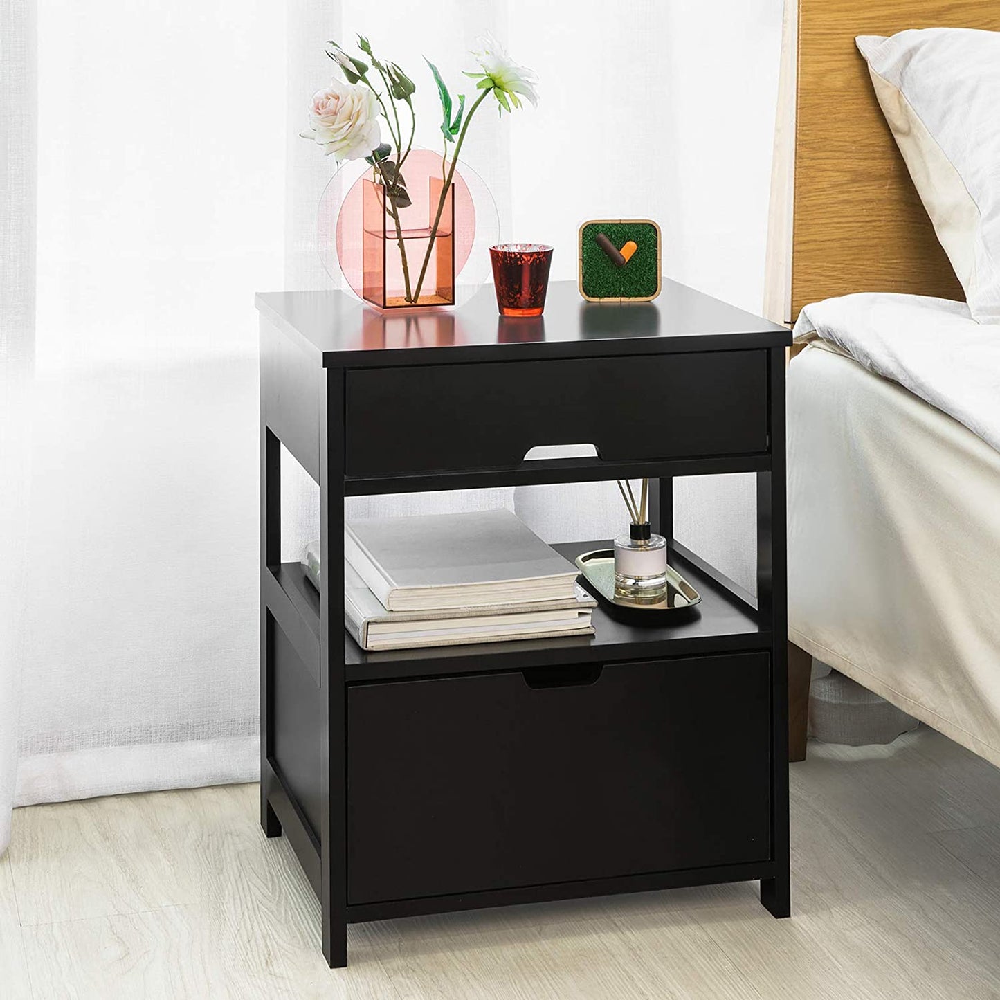Black Bedside Table with 2 Drawers and Shelf