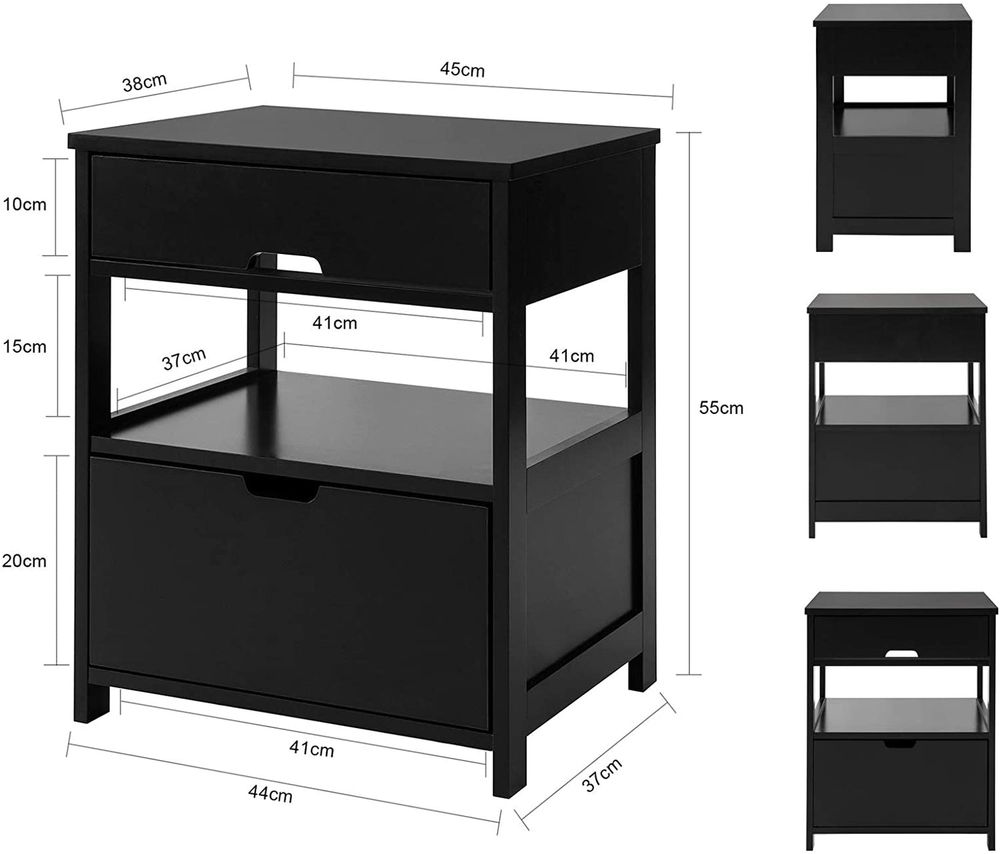 Black Bedside Table with 2 Drawers and Shelf