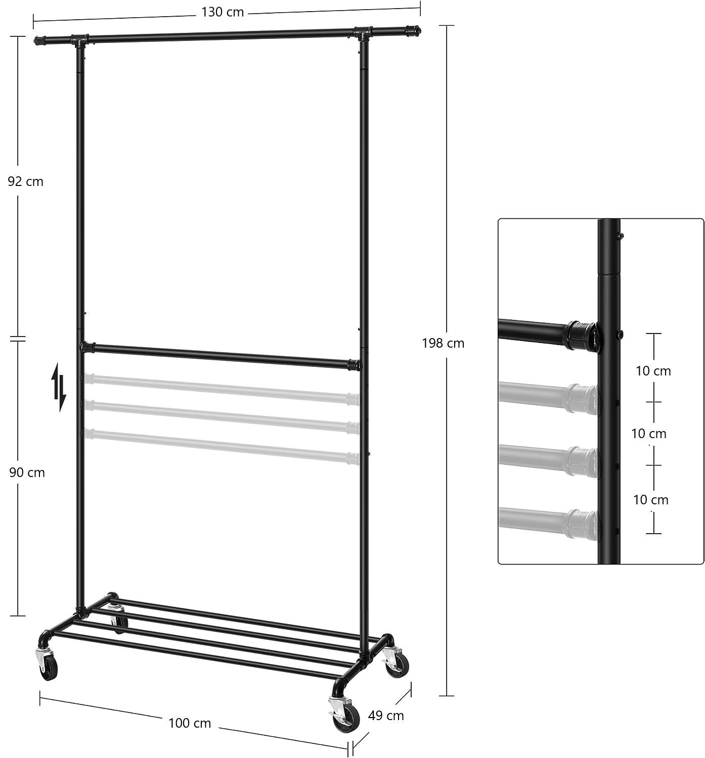 Industrial Clothing Rack with Wheels, Double Rod, Adjustable Height, 49.02 x 130.05 x 198.12 cm - SuperSaverAU - view 5