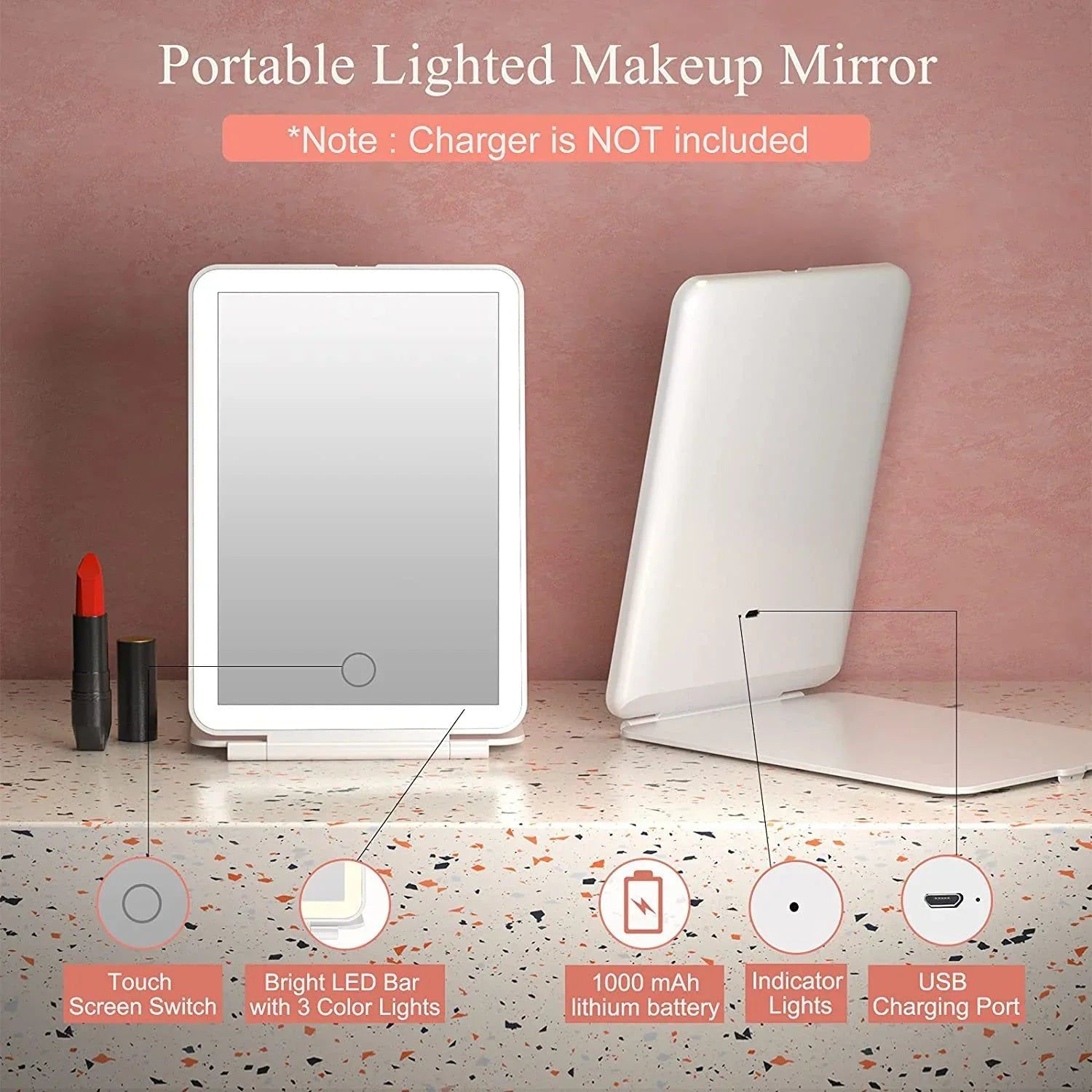 LED Travel Makeup Mirror 3 Light Modes USB, Portable, Durable, 0.343 kg - SuperSaverAU - view 2