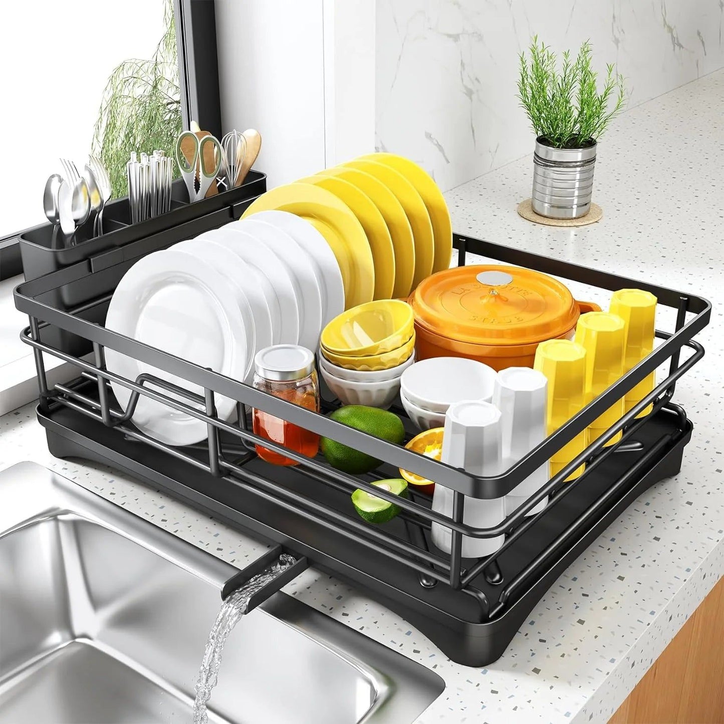 Large Black Dish Drying Rack with Drainboard
