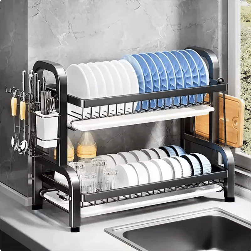Premium Compact 2-Tier Dish Drying Rack – with Drainboard