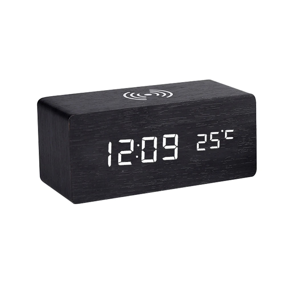 Modern Wooden LED Desk Clock with Qi Charger, Compact & Portable Design - SuperSaverAU - view 1
