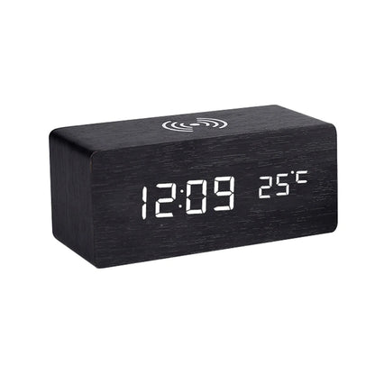 Modern Wooden LED Desk Clock with Qi Charger