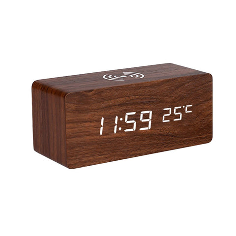 Modern Wooden LED Desk Clock with Qi Charger, Multifunctional Display, Snooze Function - SuperSaverAU - view 1