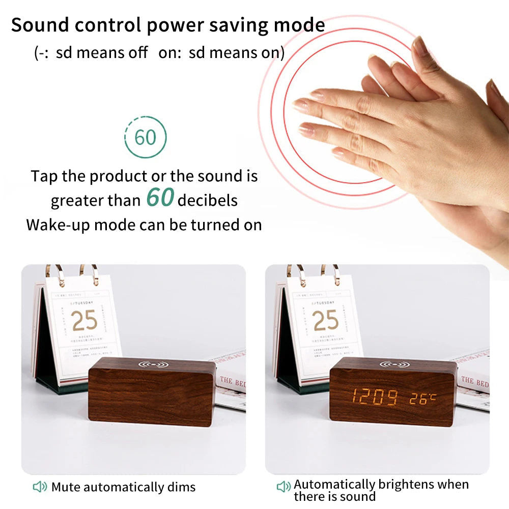 Modern Wooden LED Desk Clock with Qi Charger, Multifunctional Display, Snooze Function - SuperSaverAU - view 2