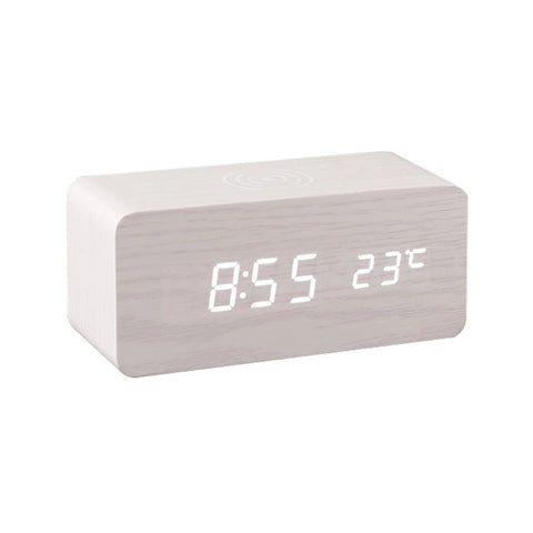 LED Wooden Desk Clock with Qi Charger, Modern Design, Multiple Alarms, Calendar Display - SuperSaverAU - view 1