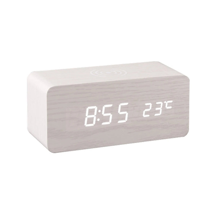 LED Wooden Desk Clock with Qi Charger, Modern Design, Multiple Alarms, Calendar Display - SuperSaverAU - view 1
