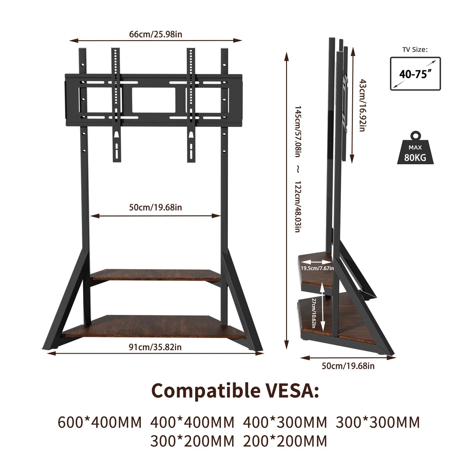 Premium Adjustable Floor TV Stand for 40-75 Inch LCD LED TVs 80kg Capacity