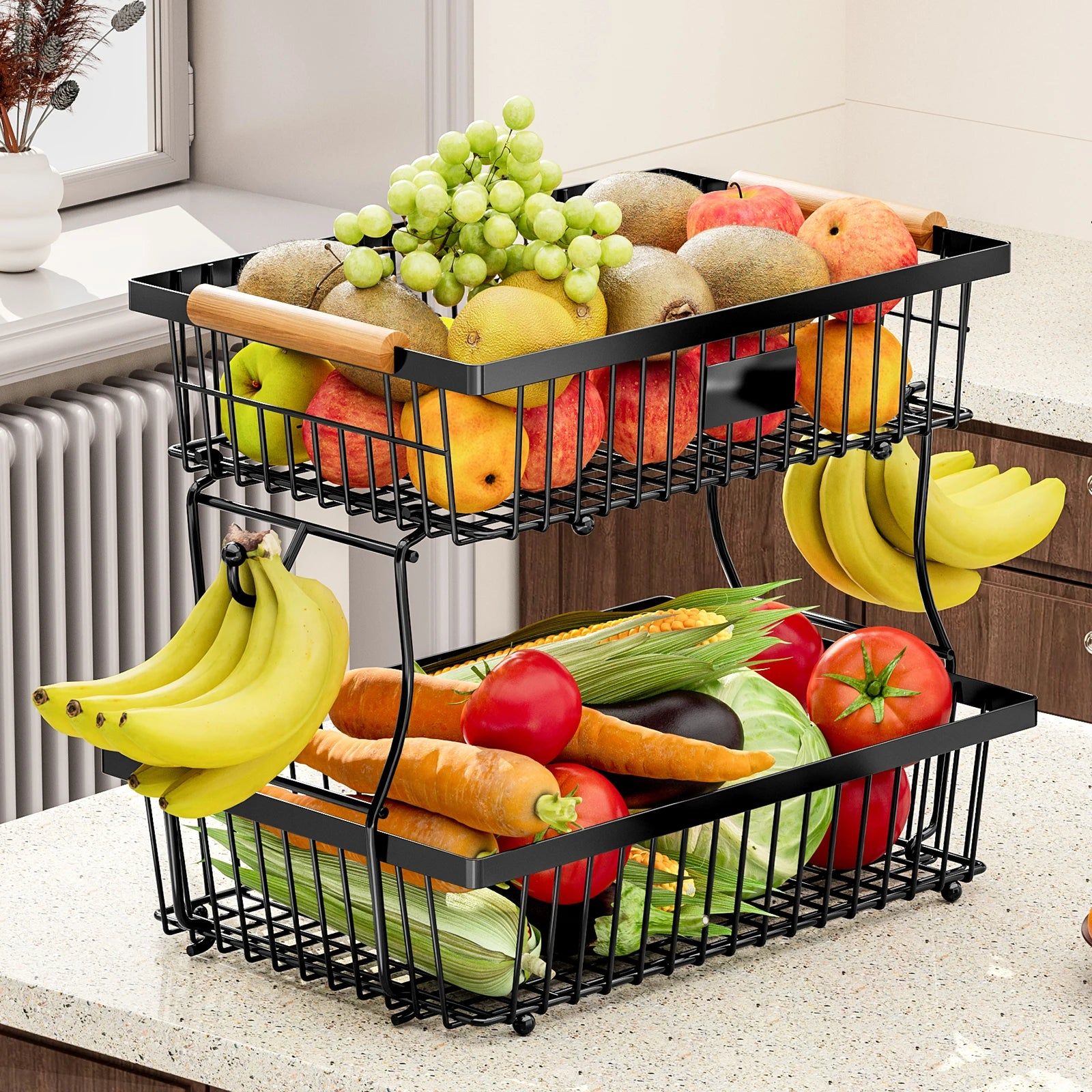 2-Tier Metal Fruit Vegetable Storage Basket - Durable, Space-Saving Design - SuperSaverAU - view 1