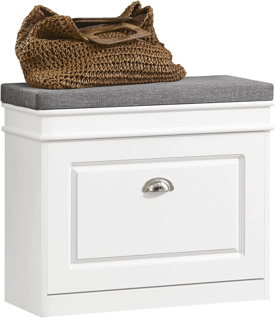 Premium White Tilt Out Shoe Cabinet with Cushion Seat Shoe Rack 60cm