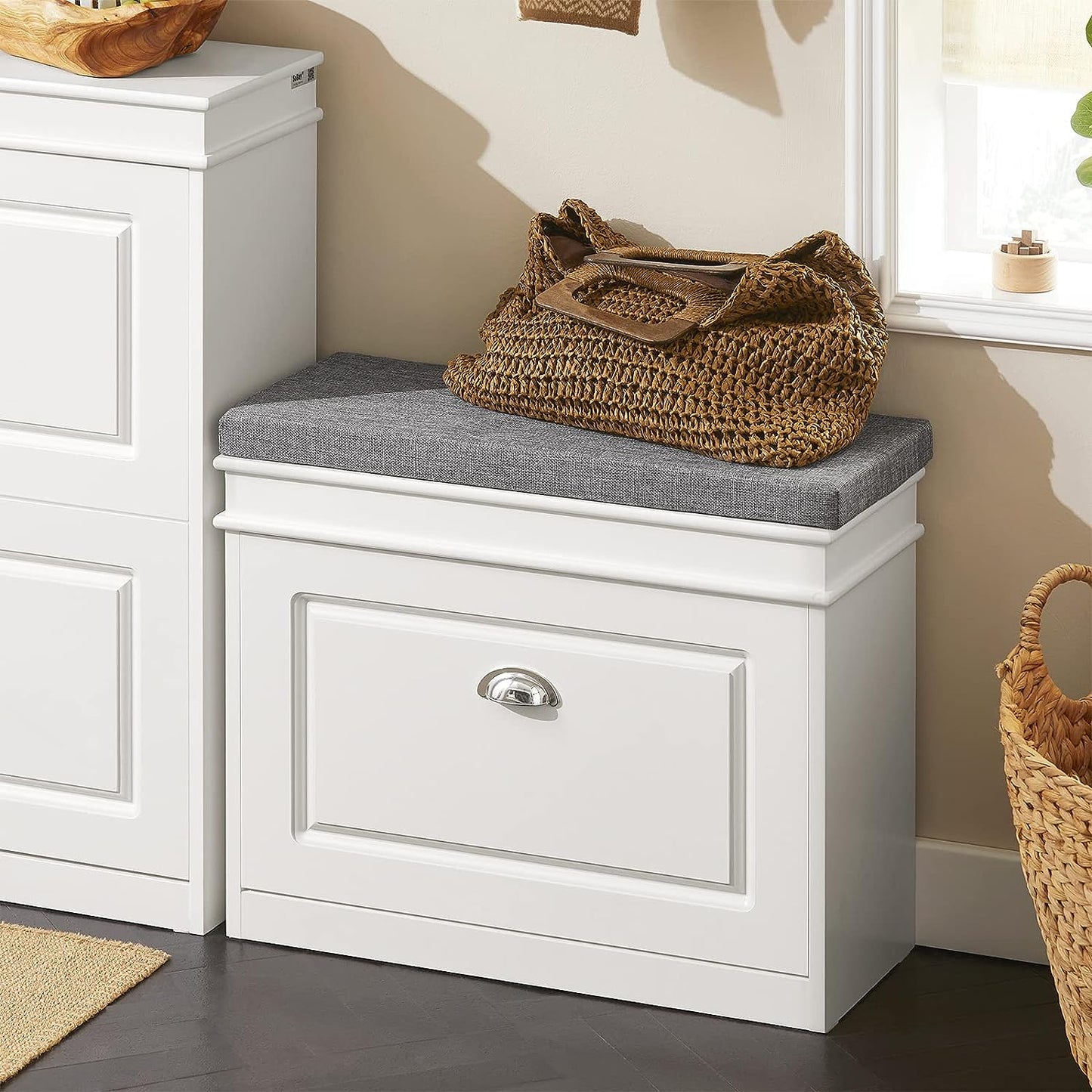 Tilt-Out Shoe Cabinet with Cushion for Hallway