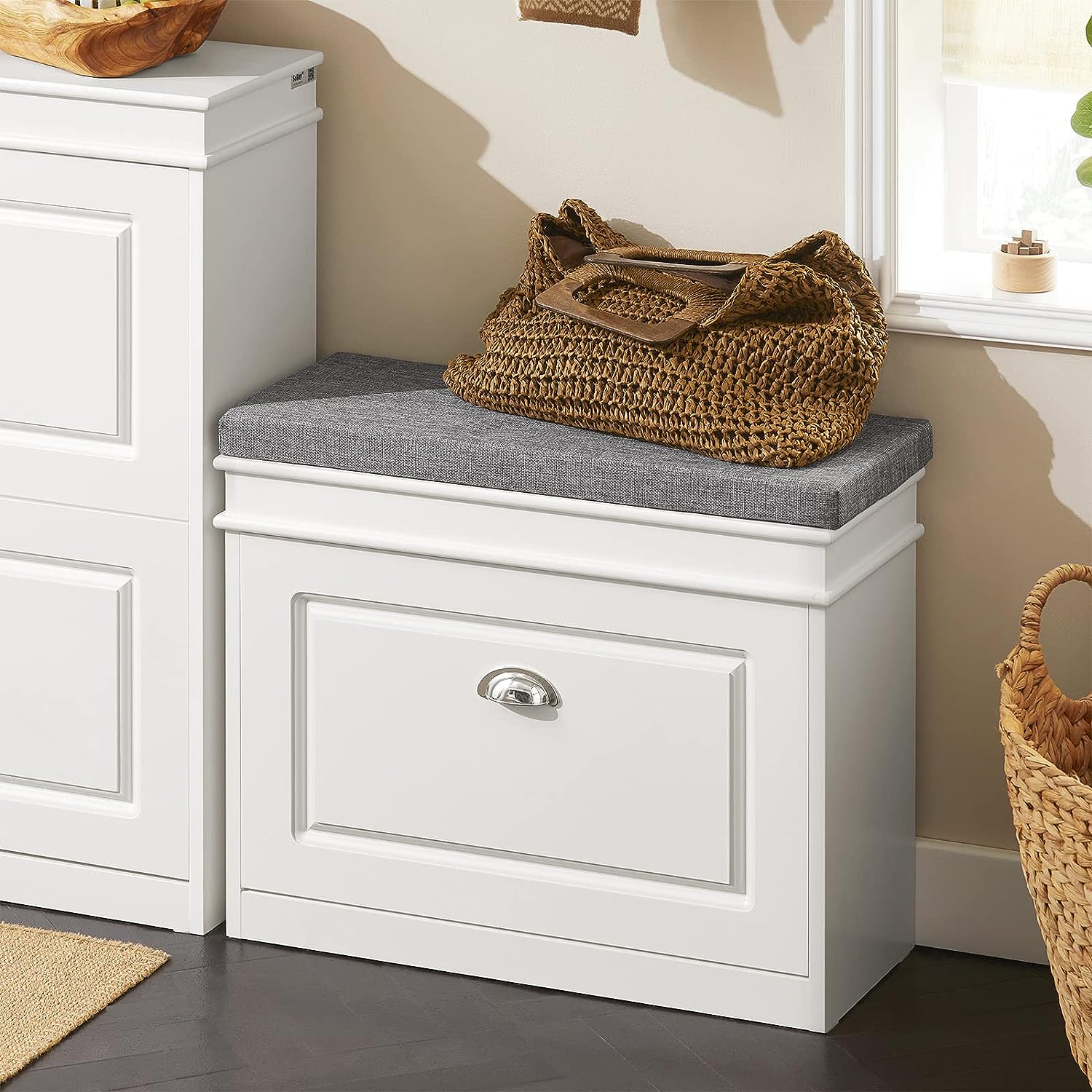 Premium White Tilt Out Shoe Cabinet with Cushion Seat Shoe Rack 60cm
