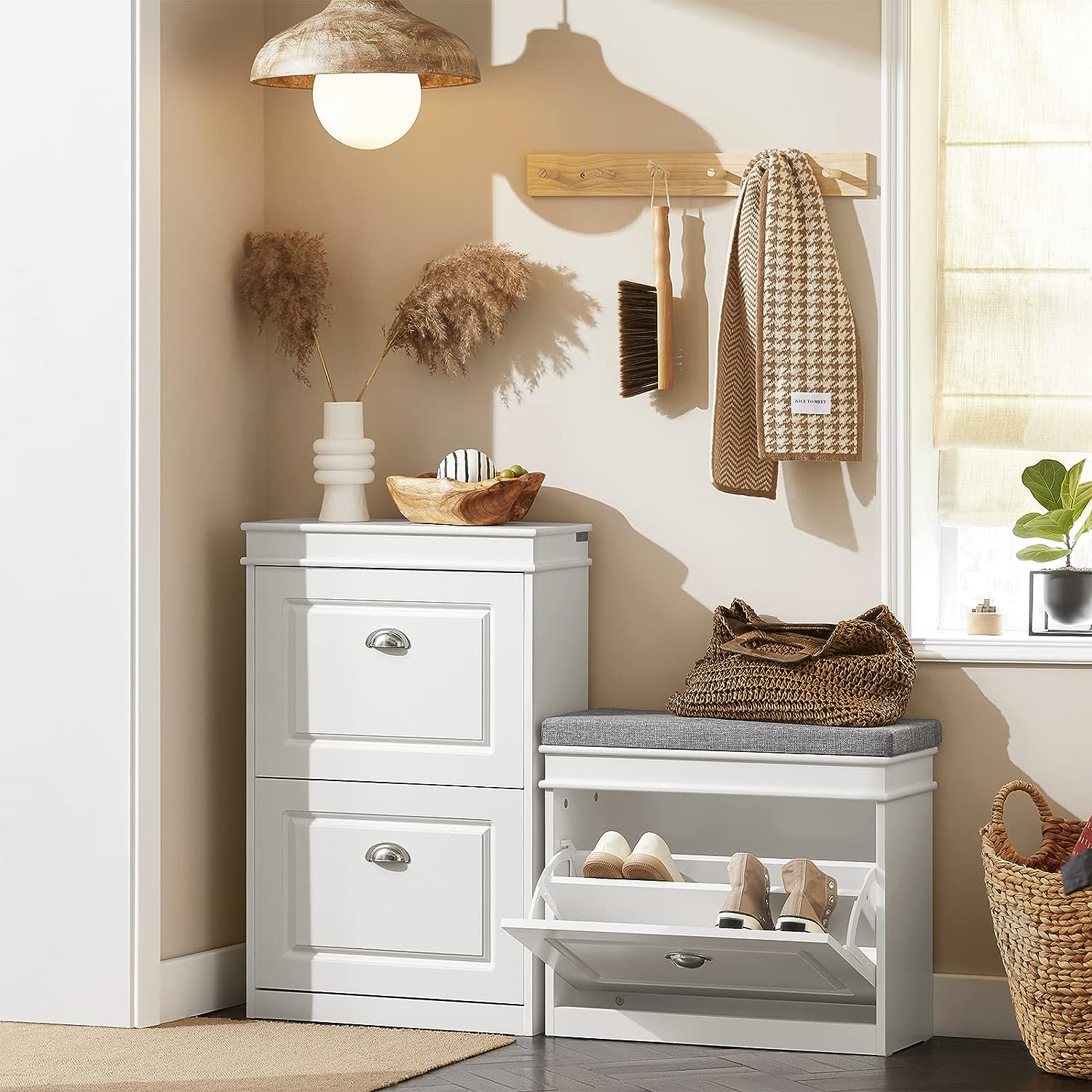 Premium White Tilt Out Shoe Cabinet with Cushion Seat Shoe Rack 60cm