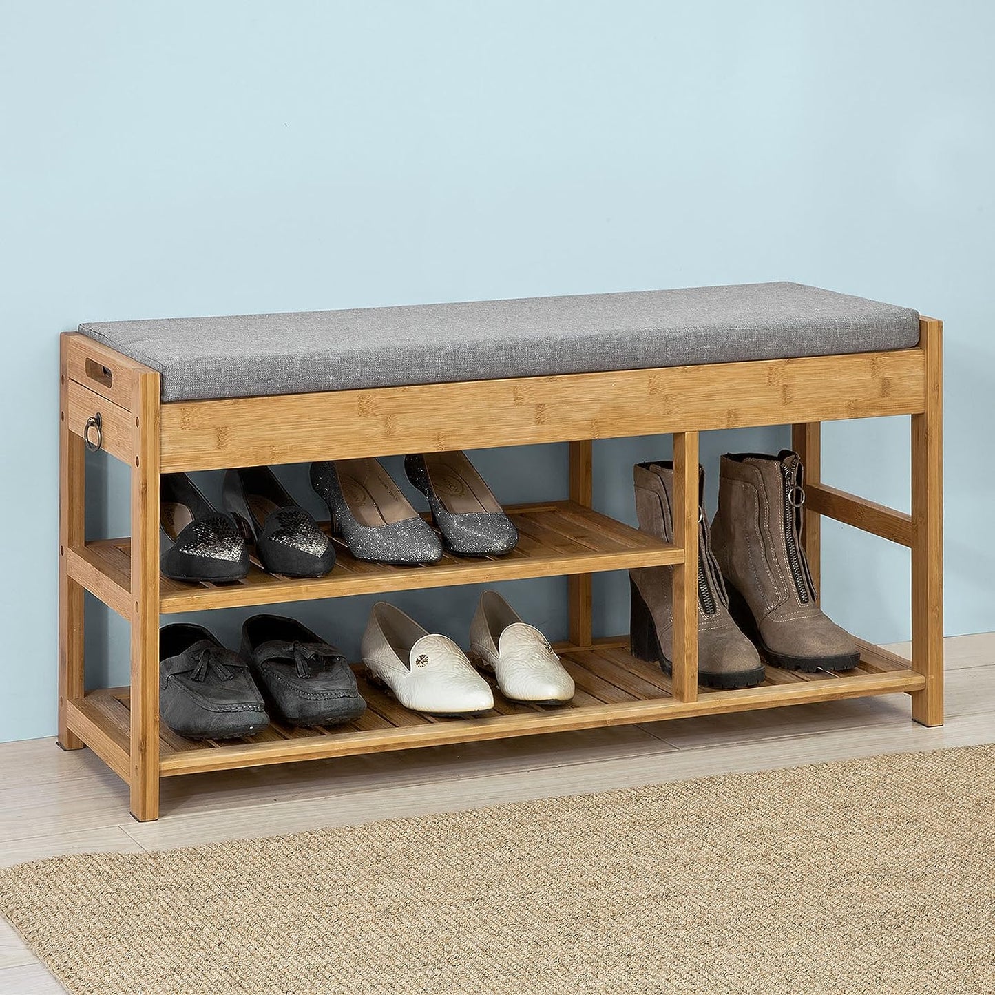 Functional Bamboo Shoe Bench with Lift Top and Drawers