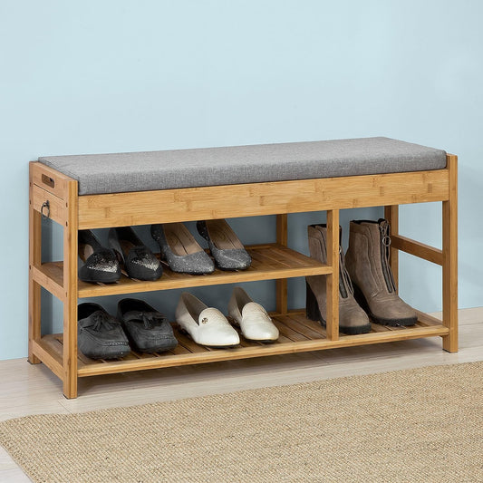 Functional Bamboo Shoe Bench with Lift Top and Drawers