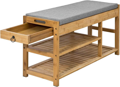 Functional Bamboo Shoe Bench with Lift Top and Drawers