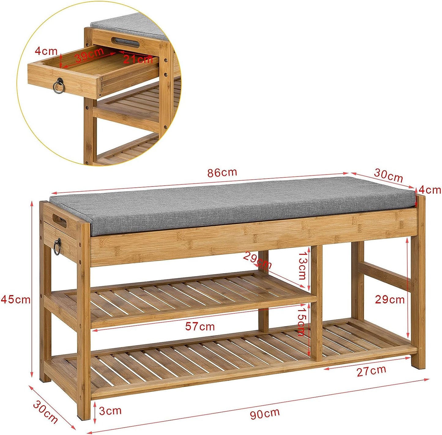 Functional Bamboo Shoe Bench with Lift Top and Drawers