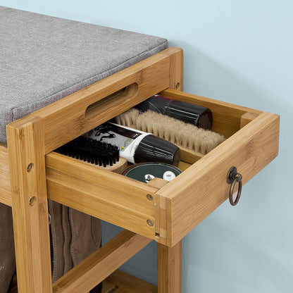 Functional Bamboo Shoe Bench with Lift Top and Drawers