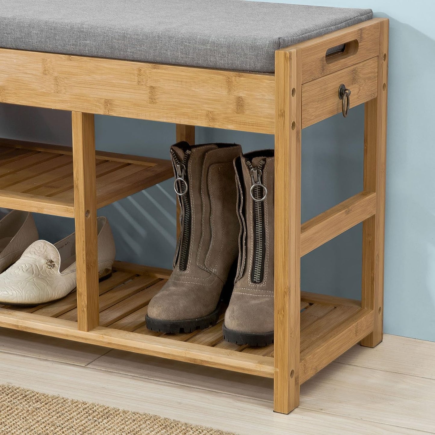 Functional Bamboo Shoe Bench with Lift Top and Drawers