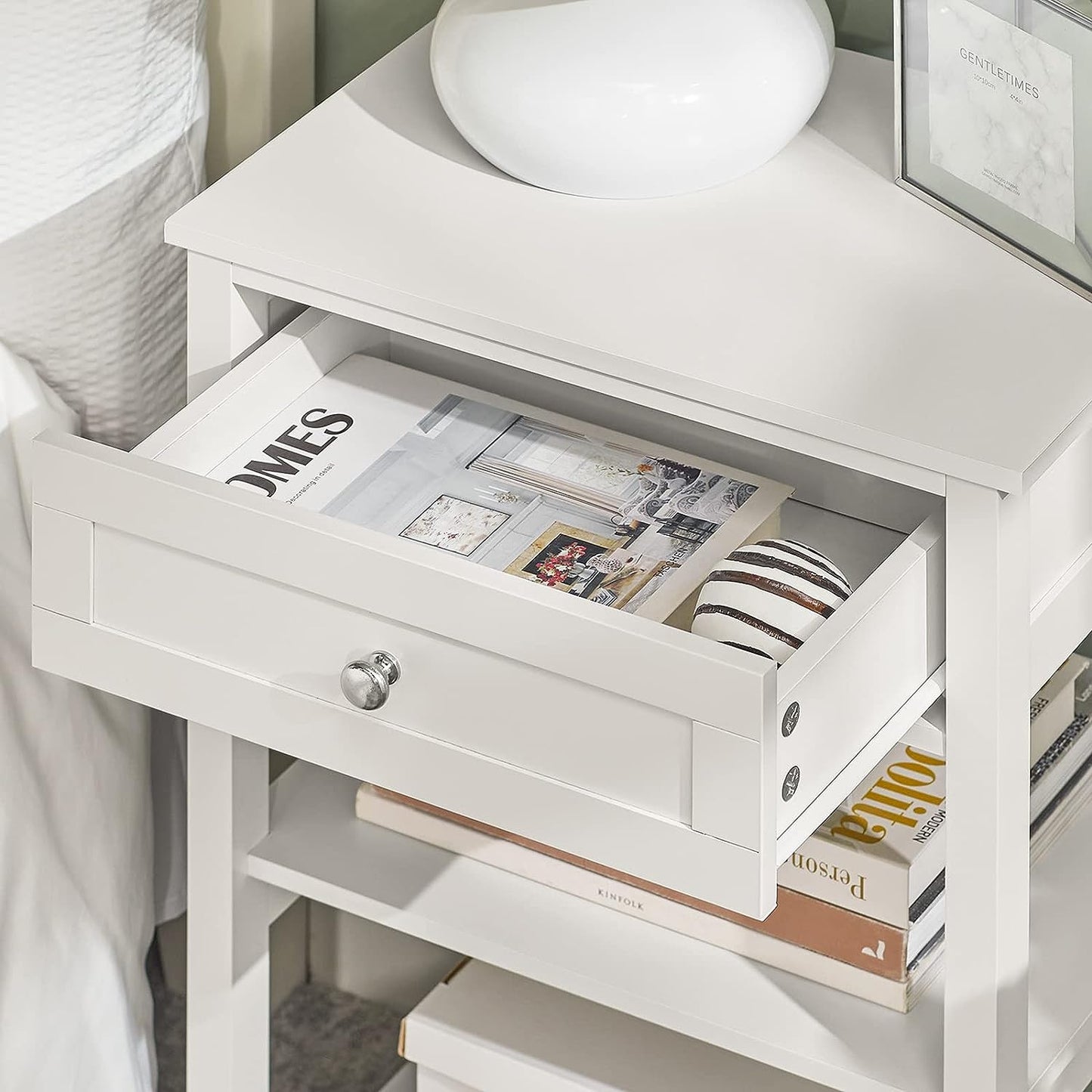Stylish Bedside Table with Drawer and Shelves