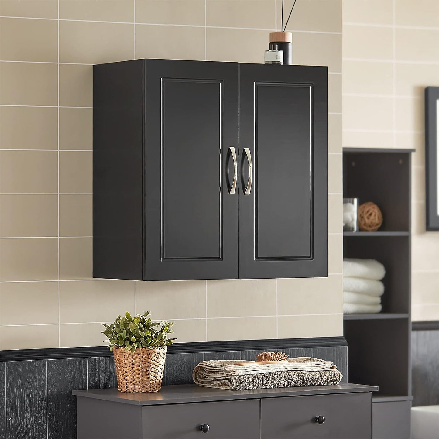 Sleek Black Wall Storage Cabinet with Adjustable Shelf