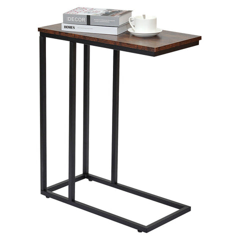 GENUX C Shaped Sofa Side End Table Rustic Brown Metal Frame Laptop Tray