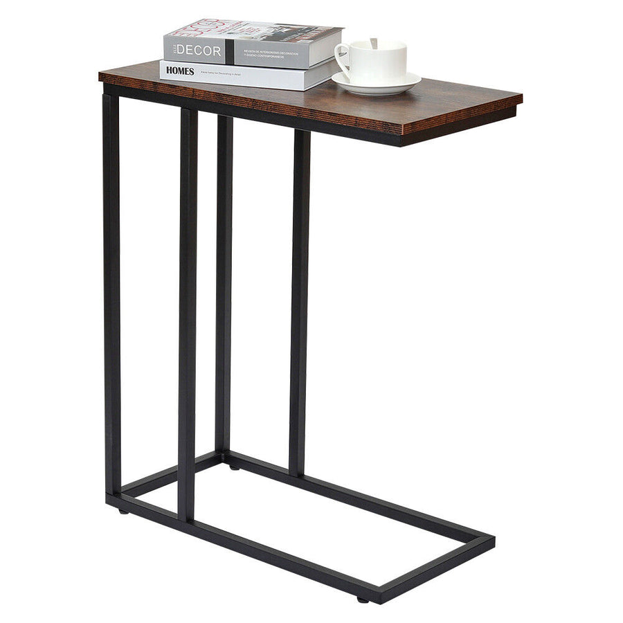 GENUX C Shaped Sofa Side End Table Rustic Brown Metal Frame Laptop Tray
