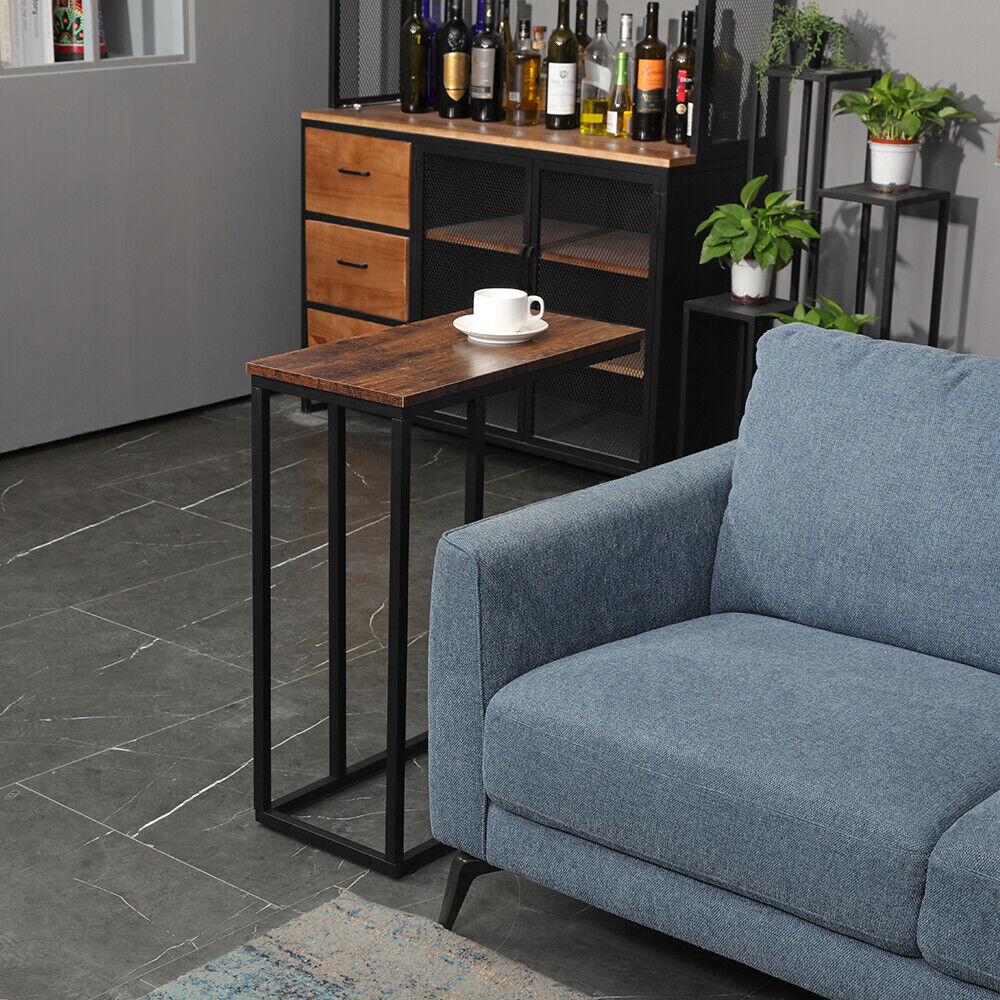 GENUX C Shaped Sofa Side End Table Rustic Brown Metal Frame Laptop Tray