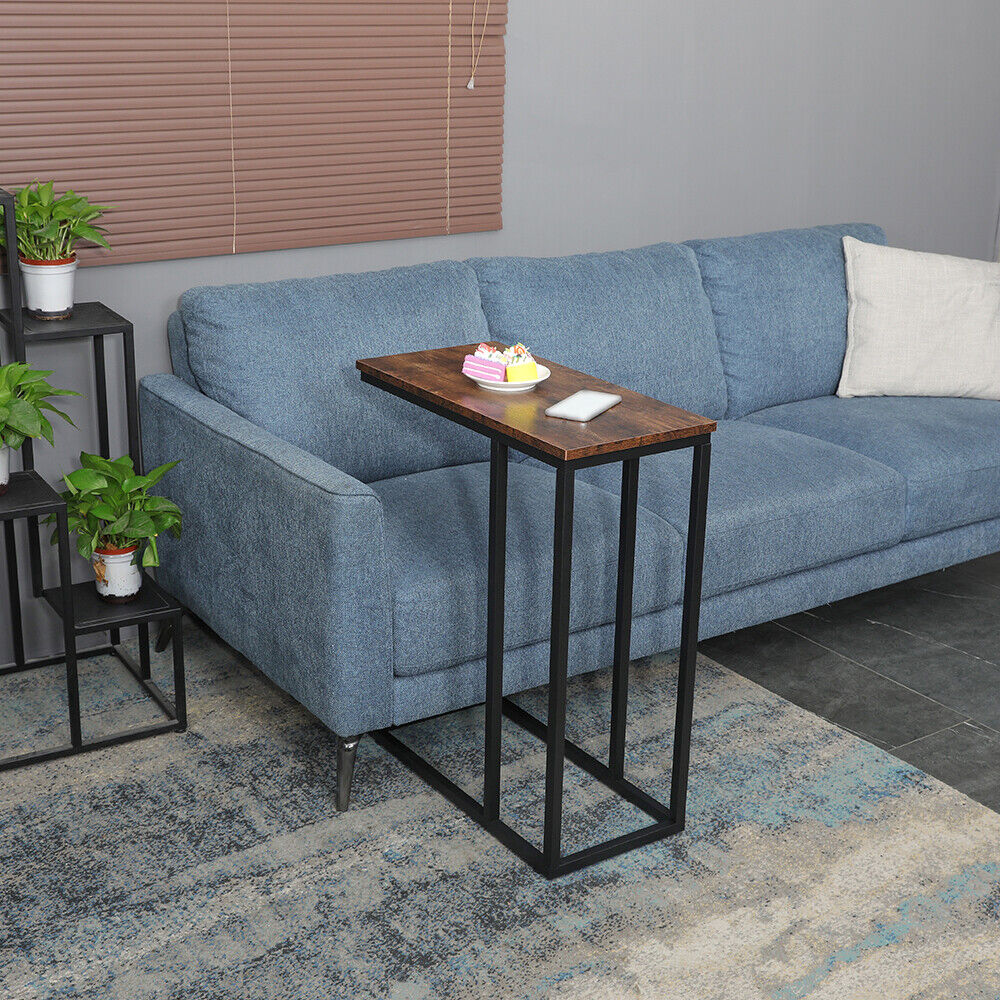 GENUX C Shaped Sofa Side End Table Rustic Brown Metal Frame Laptop Tray