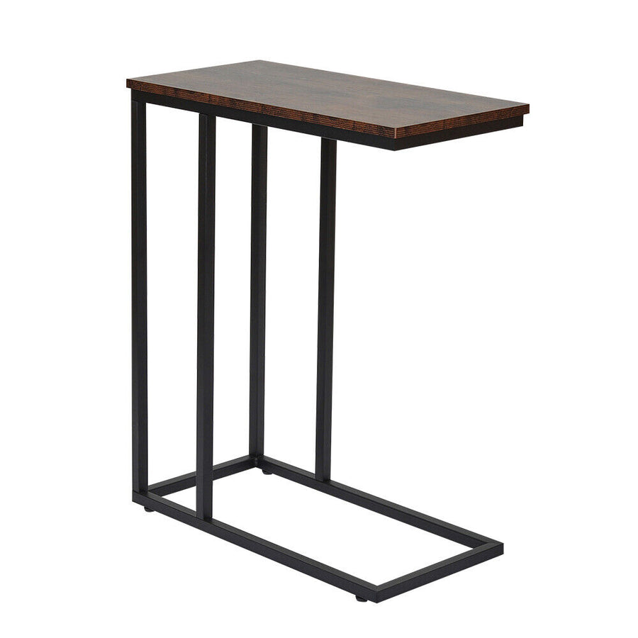 GENUX C Shaped Sofa Side End Table Rustic Brown Metal Frame Laptop Tray