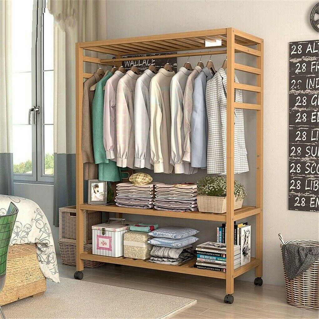 Eco-Friendly 3-Tier Wooden Clothes Rack Rolling Garment Stand 80x35x165 cm - SuperSaverAU - view 1