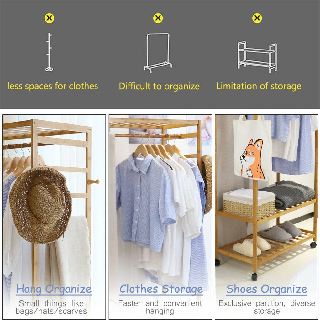 Eco-Friendly 3-Tier Wooden Clothes Rack Rolling Garment Stand 80x35x165 cm - SuperSaverAU - view 8