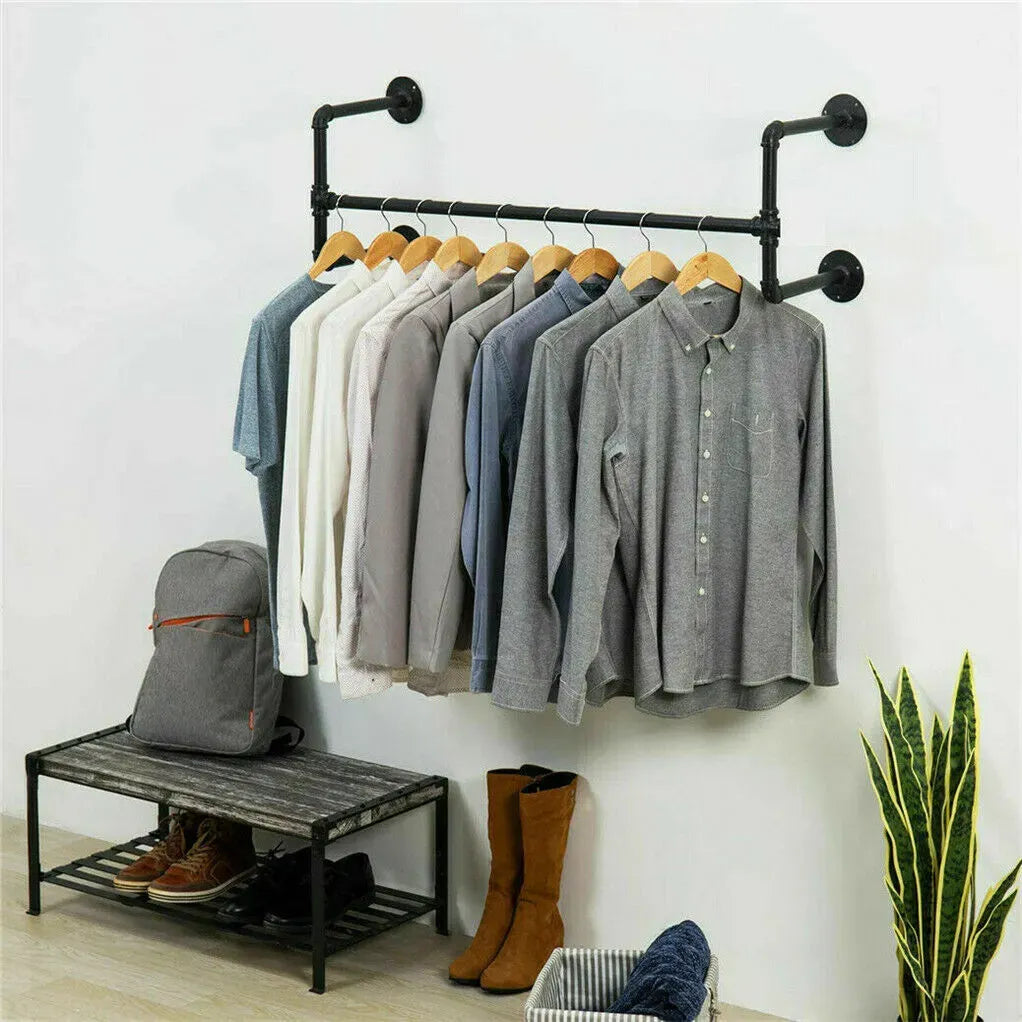 Iron Wall Mounted Clothes Rack with Shelf, 109x109x35 cm, Durable Industrial Design
