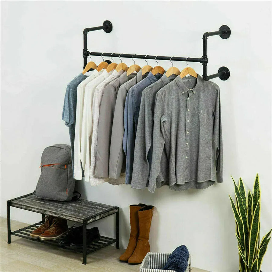Iron Wall Mounted Clothes Rack with Shelf, 109x109x35 cm, Durable Industrial Design