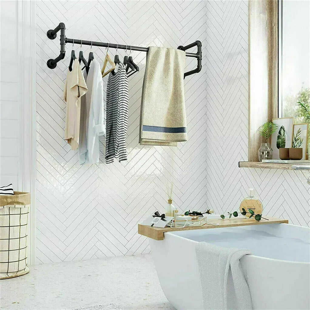Iron Wall Mounted Clothes Rack with Shelf, 109x109x35 cm, Durable Industrial Design