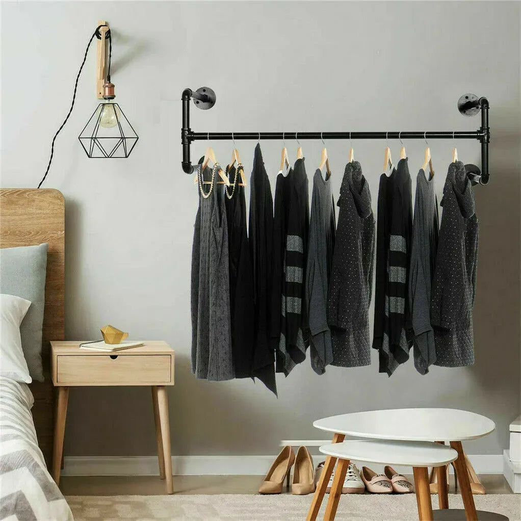 Iron Wall Mounted Clothes Rack with Shelf, 109x109x35 cm, Durable Industrial Design