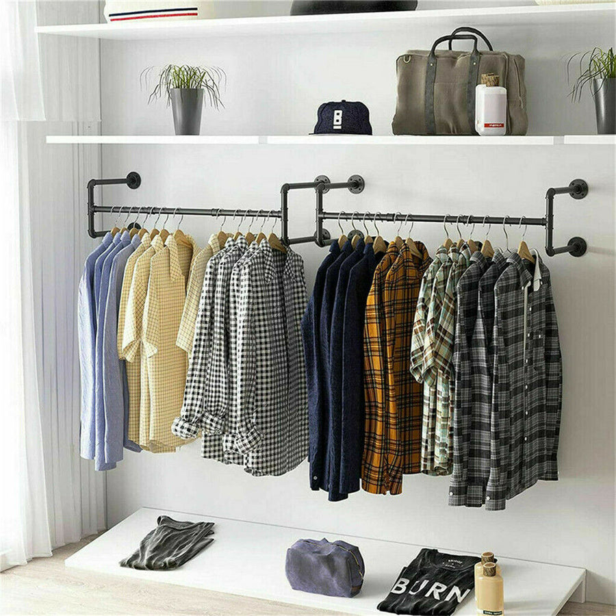Iron Wall Mounted Clothes Rack with Shelf, 109x109x35 cm, Durable Industrial Design - SuperSaverAU - view 1